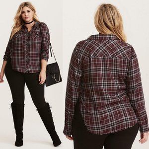 Torrid Burgundy Plaid Lace Inset Camp Shirt